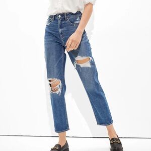 American Eagle Blue Ripped Straight Mom Jeans Size 18